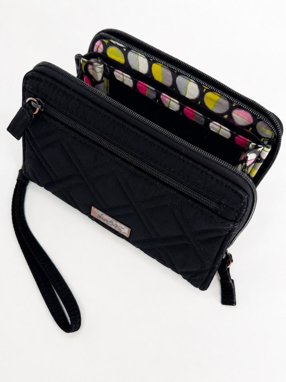 Vera Bradley Classic Black Front Zip Wristlet Wallet Quilted Microfiber Zip